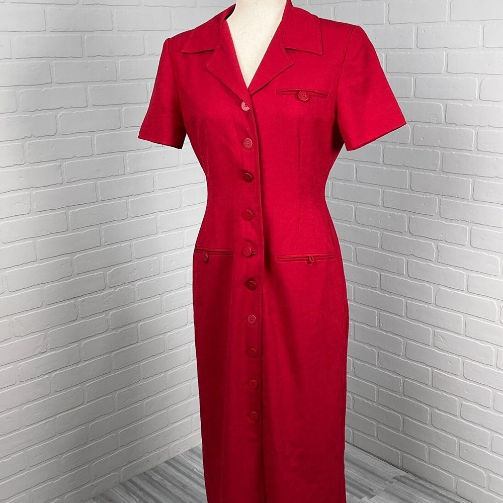 Jessica Howard Dress Women 10P Red Woven Shirt‎ Sheath Column Midi Classic VTG